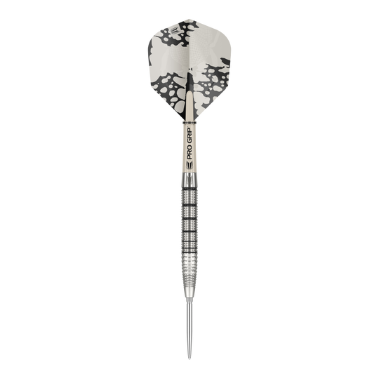 Ocelové šipky Target EXO SP02 Swiss Point Das Bild zeigt einen Target EXO SP02 Swiss Point Steeldart. Der Dartpfeil hat ein silbernes Griffstück mit schwarzen Rillen und eine schwarz-weiße Flight.