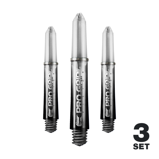 Násadky Target Pro Grip Vision - 3 sady - černé Das Bild zeigt drei schwarze Pro Grip Vision Shafts für Darts. Unten rechts steht "3 Set", was auf ein Set mit drei Stück hinweist.