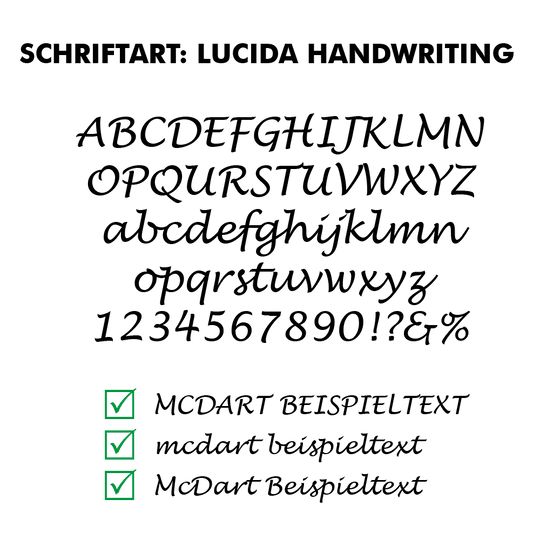 Flightdruck_Schriftart_LucidaHandwritingThHT3MMXEEFib Abbildung eines Dart-Flights mit LucidaHandwriting-Schrift. Das Muster hebt die Schrift hervor.