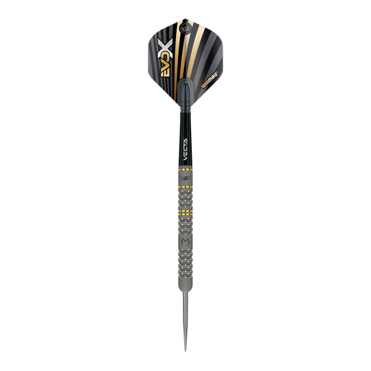 Ocelové šipky Winmau Michael Van Gerwen Evo-X Dies ist ein Winmau Michael Van Gerwen Evo-X Steeldart. Der Dartpfeil hat ein schwarz-goldenes Design und eine strukturierte Griffzone.