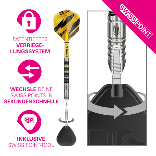 Ocelové šipky Target Buzz 02 Swiss Points Auf dem Foto sind die Target Buzz 02 Swiss Points Steeldarts zu sehen. Das Produkt wird frontal präsentiert.