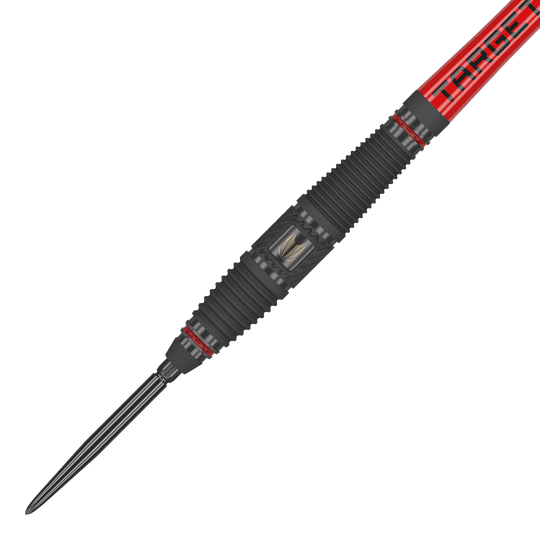 Ocelové šipky Target Scope 03 Swiss Point Das Bild zeigt ein Target Scope 03 Swiss Point Steeldart mit schwarzem und rotem Design. Die Oberfläche des Darts ist geriffelt und hat Metallakzente für besseren Halt.