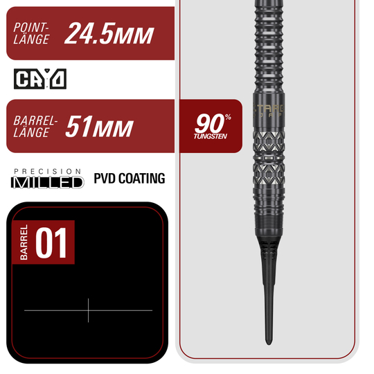 Die Target Black Marque Creed Softdarts mit 21,5g sind auf diesem Foto zu sehen. Sie werden deutlich und von der Seite präsentiert.