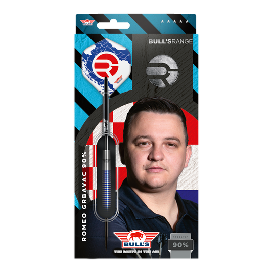 Ocelové šipky Bulls NL Romeo Grbavac - 23g Das Bild zeigt die Verpackung der "Bulls NL Romeo Grbavac Steeldarts - 23g". Auf der Verpackung ist ein Dartpfeil sowie ein Porträt von Romeo Grbavac zu sehen.