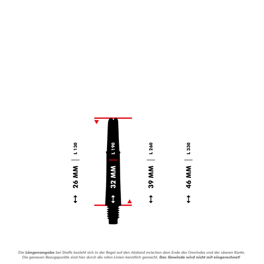 L-L-Style-Shafts Locked Straight - Clear Das Bild zeigt eine technische Zeichnung eines L-Style L-Shaft Locked Straight mit einer Länge von 32 mm. Es sind ebenfalls die Maße für die Längen 26 mm, 39 mm und 46 mm dargestellt.