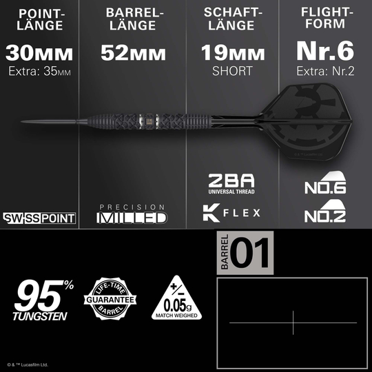 Die Target Star Wars Darth Vader 95 Swiss Point Steeldarts sind auf diesem Bild zu sehen. Sie zeigen ein Dart-Set inspiriert von Darth Vader aus Star Wars.