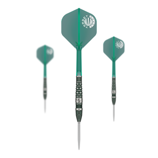 Das Bild zeigt ein Set der Target Japan Prime Series PW GEN 3 Swiss Point Steeldarts - 23g. Das Set beinhaltet mehrere hochwertige Dartpfeile.