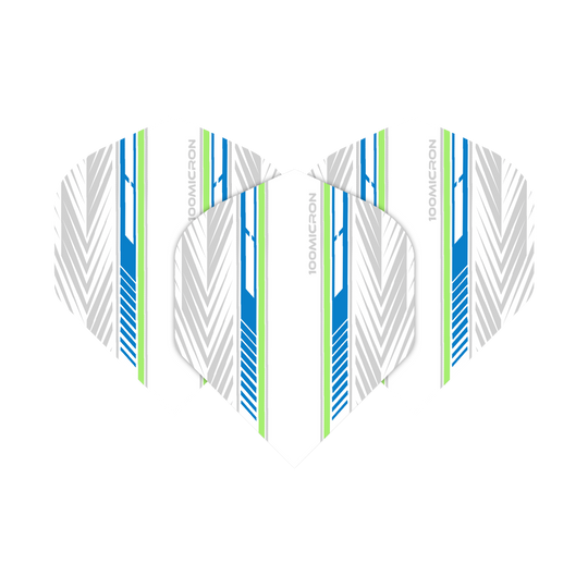 Das Bild zeigt die "Pentathlon White Blue Green No2 Standard Flights" mit einem modernen Design in Weiß, Blau und Grün. Die Flights haben ein Muster aus Linien und Pfeilen sowie den Aufdruck "100 MICRON".