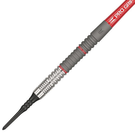 210302_Targer_Sync_11_Softdarts_2 Dies ist ein Softdartpfeil mit einer silbernen und grauen Griffzone sowie roten Akzenten. Die Spitze ist schwarz und aus Kunststoff.