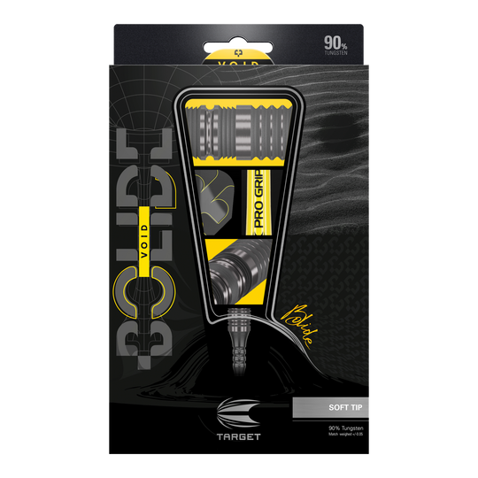 Target Bolide Void 10 měkkých šipek Das Bild zeigt die Verpackung der "Target Bolide Void 10 Softdarts". Die Verpackung ist schwarz-gelb gestaltet und hebt die Darts mit 90% Tungsten-Anteil hervor.