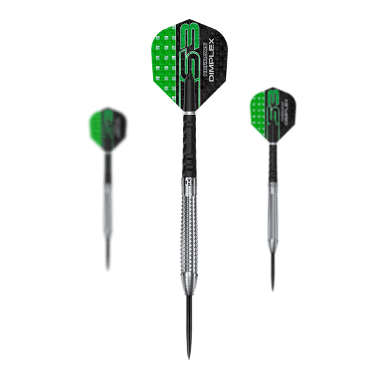 Šipky Harrows Dimplex S3 Tapered Steel Das Bild zeigt drei Steeldarts der Marke "Harrows Dimplex S3 Tapered". Die Flights sind schwarz-grün und die Barrel sind silberfarben mit einer geriffelten Struktur.