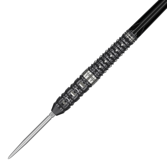 Das Bild zeigt die Target Japan Black Marque Eclipse Swiss Point Steeldarts mit einem Gewicht von 23g. Diese hochwertigen Darts sind für Präzisionswürfe im Dartspiel entwickelt.