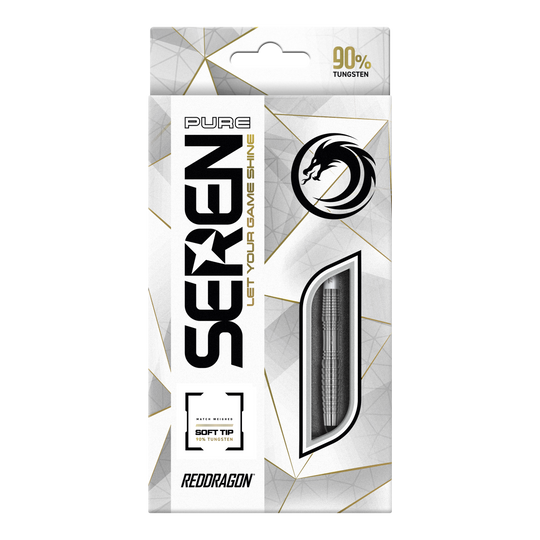 Šipky Red Dragon Seren 3 Pure Softdarts - 20g Die Abbildung zeigt die Verpackung der "Red Dragon Seren 3 Pure Softdarts - 20g". Auf der Vorderseite steht, dass die Darts 90% Tungsten enthalten und für Soft-Tip geeignet sind.