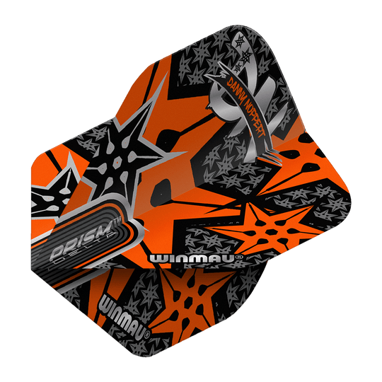 Letky Winmau Prism Delta Danny Noppert Orange Signature No2 Standard Das Bild zeigt ein Winmau Prism Delta Danny Noppert Orange Signature No2 Standard Flight. Das Flight hat ein auffälliges Design in Orange mit schwarzen und silbernen Sternen und dem Namen "Danny Noppert".