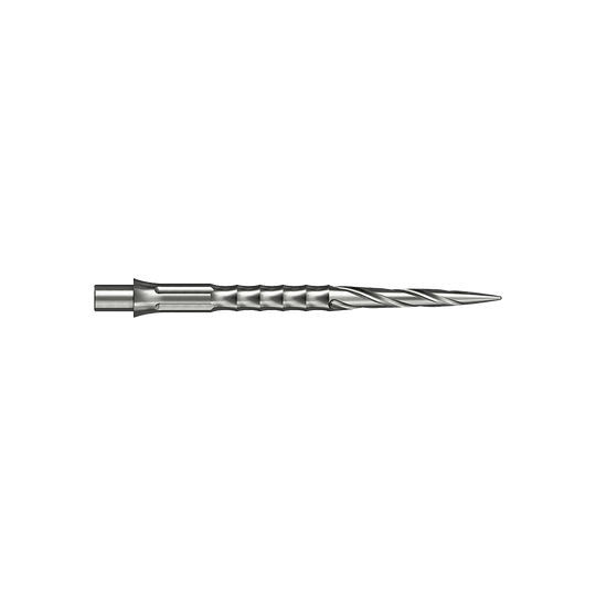 Zwei silberne Steeldartspitzen werden gezeigt. Sie sind 32 mm lang und gehören zum Spiro NoLip Design.