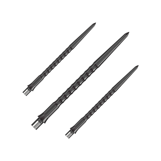 Caliburn System Steel Dart Tips - Ripple - NoLip - Black Das Foto zeigt ein Set schwarzer Caliburn Evo System Steeldartspitzen mit 40 mm Länge. Es sind mehrere Spitzen nebeneinander abgebildet.