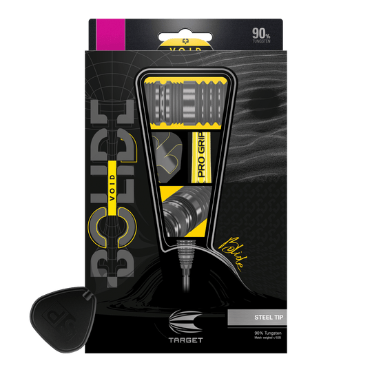 Ocelové šipky Target Bolide Void 03 Swiss Point Das Bild zeigt die Verpackung der "Target Bolide Void 03 Swiss Point Steeldarts". Die Darts bestehen zu 90 % aus Tungsten und haben eine Stahspitze.