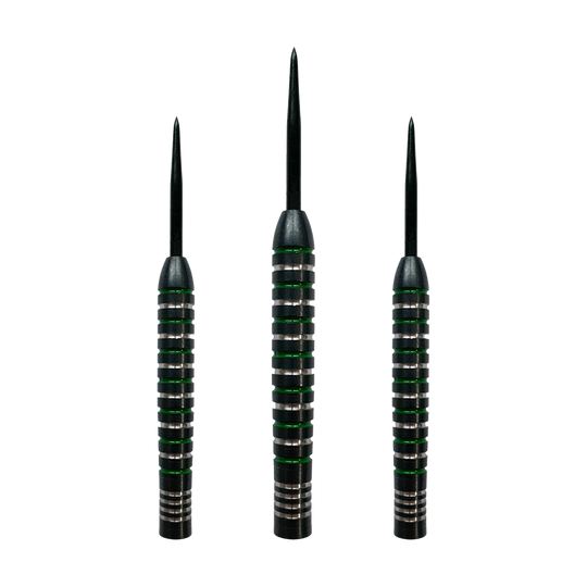 McDart stříbrnozelené ocelové sudy Abgebildet ist ein Set der McDart Silver Green Steeldart Barrels. Die Form der Barrels ist zylindrisch.