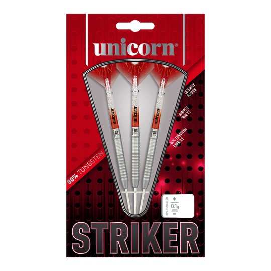 Auf dem Bild sind drei Unicorn Core XL Striker Style 1 Steeldarts mit einem Gewicht von 22g zu sehen. Die Verpackung ist rot-schwarz gestaltet und hebt 80% Tungsten-Barrels hervor.