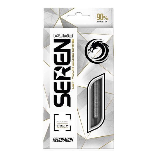 Die Verpackung zeigt das Produkt "Red Dragon Seren 1 Pure Steeldarts". Auf der Vorderseite wird hervorgehoben, dass die Darts aus 90% Tungsten bestehen.