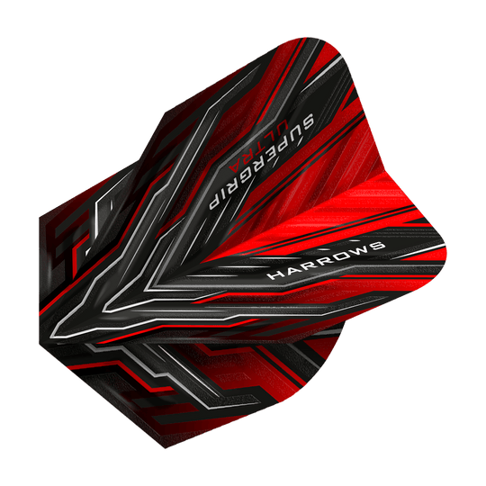 HR9_Harrows_Supergrip_Ultra_Red_Standard_Flights_2 Das Bild zeigt das Produkt "Harrows Supergrip Ultra Red Standard Flights". Die Flights sind in Rot, Schwarz und Silber gestaltet und tragen den Markennamen sowie die Produktbezeichnung.