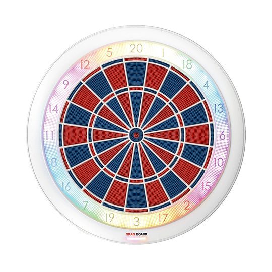 Das Bild zeigt das GranBoard 132 Elektronisches Dartboard mit Hybrid Pro Dartboardständer. Es handelt sich um ein Dartboard-Set, das für Spieler entwickelt wurde.
