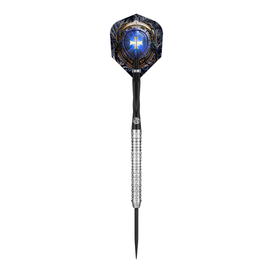 Dies ist ein Shot Future Knights Ironsoul Steeldart. Der Dart hat ein silbernes Griffstück und eine auffällig gestaltete blaue Flight mit einem leuchtenden Sternmotiv.