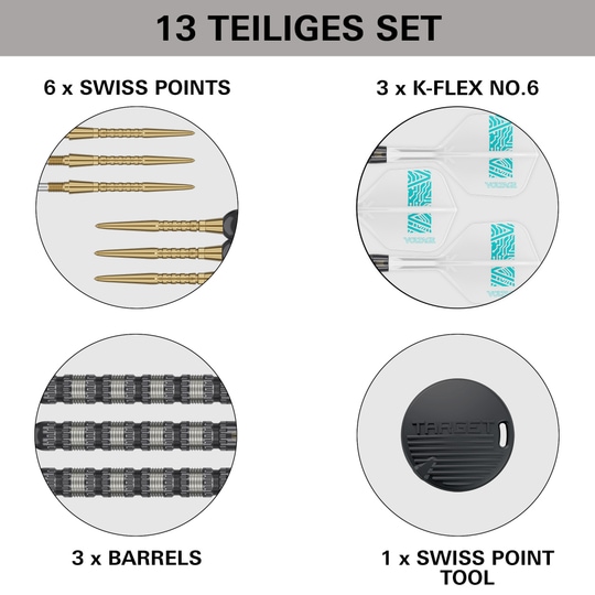 Šipky Target Rob Cross 95K Swiss Point Steel Das Bild zeigt das 13-teilige Set der Target Rob Cross 95K Swiss Point Steeldarts. Es enthält 6 Swiss Points, 3 K-Flex No.6 Flights, 3 Barrels und 1 Swiss Point Tool.