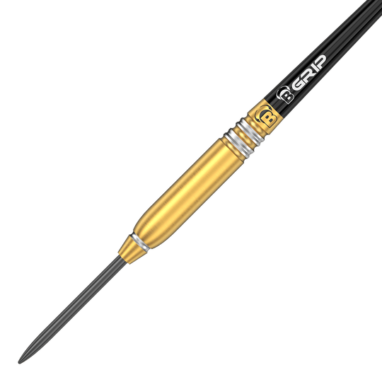 Býci Patrick Geeraets Steeldarts - 23g Das Bild zeigt einen Bulls Patrick Geeraets Steeldart mit einem Gewicht von 23 Gramm. Der Dart hat einen goldfarbenen Barrel und einen schwarzen Schaft mit der Aufschrift "GRIP".