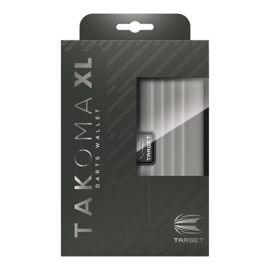 Peněženka Target Takoma XL Dartwallet Die Abbildung zeigt eine Verpackung für ein Dart-Etui mit der Aufschrift "TAKOMA XL DARTS WALLET". Die Verpackung ist grau und bietet durch ein Sichtfenster einen Blick auf das darin enthaltene Etui.