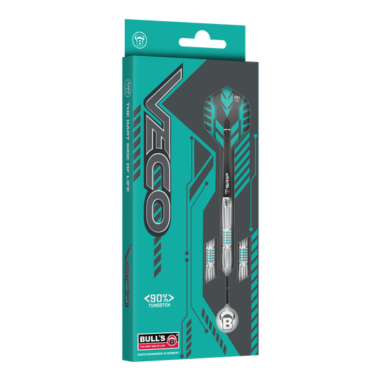 Die Verpackung zeigt die "Bulls V1 Softdarts" von VECO. Das Design ist in Türkis und Grau gehalten und hebt den hohen Wolframanteil von 90% hervor.