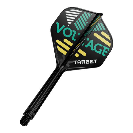Systém standardní letové hřídele Target K-Flex Rob Cross No2 Dieses Bild zeigt eine schwarze Dartflügel- und Schaftkombination. Auf dem Dartflügel stehen die Wörter "VOLTAGE" und "TARGET" in bunten Farben.