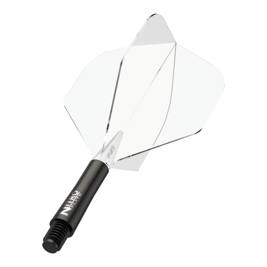 Red Dragon Nitroplite - Black Shaft Clear No2 Flights Das Bild zeigt einen Dartpfeil mit einem schwarzen Schaft und durchsichtigen Flügeln. Auf dem Schaft steht der Schriftzug "NITRO FLITE".