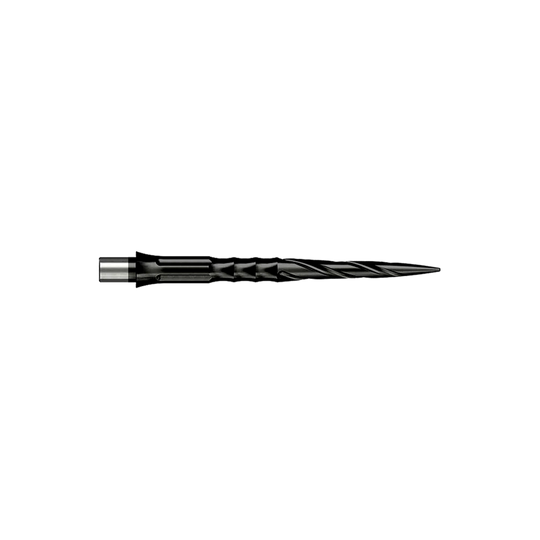 Abgebildet sind Caliburn Evo System Steeldartspitzen vom Typ Spiro NoLip in Schwarz mit 28 mm Länge. Das Produkt ist für den Einsatz in Steeldarts geeignet.