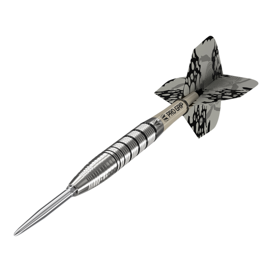 Ocelové šipky Target EXO SP02 Swiss Point Das Bild zeigt den Target EXO SP02 Swiss Point Steeldart. Der Dart hat ein silbernes Griffstück mit schwarzen Akzenten und eine schwarz-gemusterte Flight.