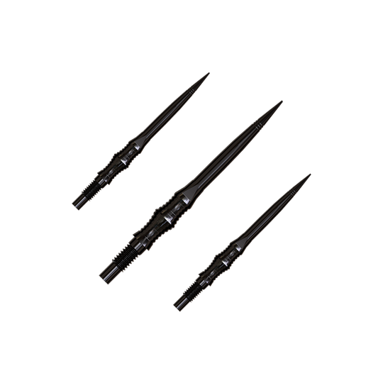 Apex Spire Black Elite Serie Dartspitzen in 30mm sind abgebildet. Sie sind dunkel und schlank.