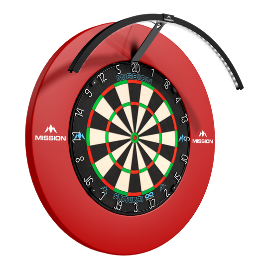Das Foto zeigt das Mission Torus 120 LED Beleuchtungssystem in schwarzer Farbe. Das Produkt ist für eine gleichmäßige Ausleuchtung des Dartboards konzipiert.