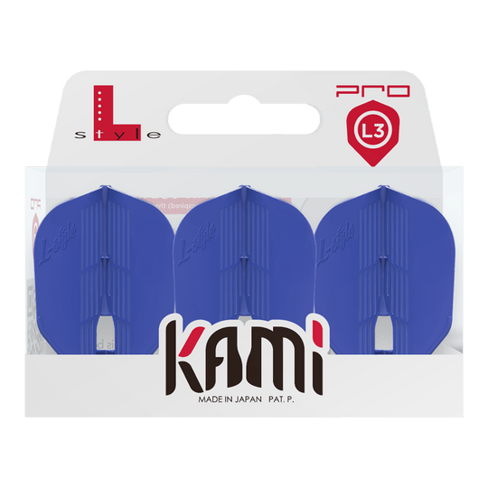 Letky KAMI L3PRO ve stylu L Das Bild zeigt eine Verpackung mit drei blauen Dart-Flights der Marke L-Style. Auf der Verpackung steht "kami" und "Made in Japan".