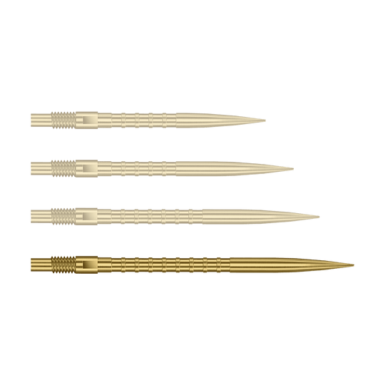 Špičky na šipky Harrows Quick Point Heavy Metal - zlaté Auf dem Bild ist eine einzelne Harrows Quick Point Heavy Metal Grip Dartspitze in Gold, 40 mm, zu sehen. Die Spitze liegt im Fokus vor hellem Hintergrund.