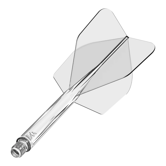 Das Bild zeigt das Produkt "Mission Force 90 No6 Flight-Shaft-System - Clear". Es handelt sich um ein durchsichtiges Flightsystem für Darts.