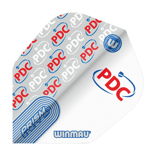 Dies ist ein Winmau Prism Zeta PDC White No6 Flight für Darts. Das Flight ist weiß und mit roten und blauen PDC-Logos sowie dem Winmau-Logo bedruckt.