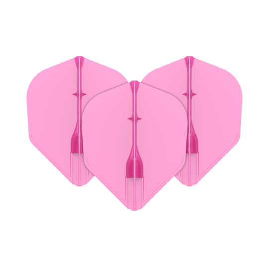 Lety L-L-Style3EZ Das Bild zeigt drei pinke Dartflights, die nebeneinander angeordnet sind. Sie haben eine standardisierte, rautenähnliche Form und sind einheitlich gefärbt.