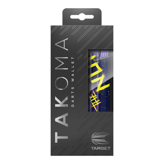 Pouzdro na šipky Target Takoma Luke Littler Die Abbildung zeigt die Verpackung des "Target Takoma Luke Littler Dartcase". Die Schachtel ist überwiegend schwarz mit silberner Schrift und einem Sichtfenster, das einen Teil des Dartcase-Designs zeigt.