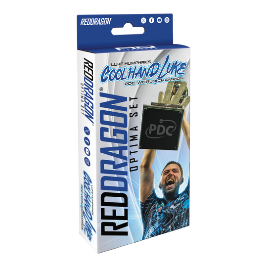 Sada doplňků Optima pro Red Dragon Luke Humphries Die Verpackung zeigt das Produkt "Red Dragon Luke Humphries Optima Zubehör Pack". Auf der Vorderseite ist ein jubelnder Luke Humphries und ein Pokal abgebildet.