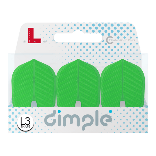 L-Style Flights Dimple Champagne L3PRO Shape Die Abbildung zeigt eine Packung mit drei grünen Dart-Flights der Marke "L-Style" im L3PRO Dimple Shape. Die Verpackung ist weiß mit blauen Punkten und der Aufschrift "dimple".