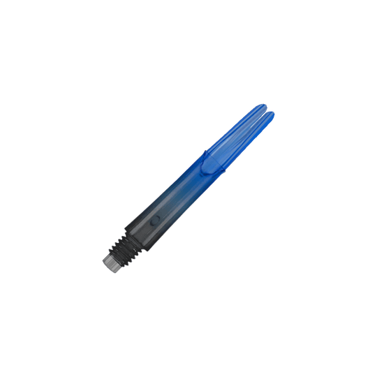 Dvoubarevné shafty L-Style s uzamčeným rovným shaftem Natural9 - modré Auf dem Bild ist ein blauer, transparenter Dart-Schaft zu sehen. Der Schaft hat ein gerades Design und ein schwarzes Gewinde am unteren Ende.