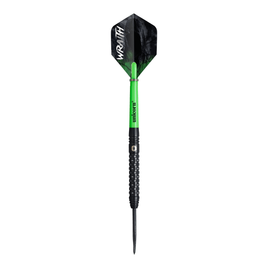 Das Bild zeigt einen Steeldart namens "Unicorn Wraith". Der Dart hat einen grünen Schaft, einen schwarzen Griff und eine schwarze Flight mit der weißen Aufschrift „WRAITH“.