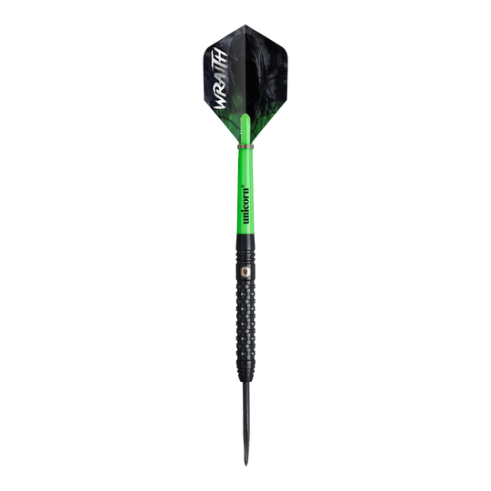 Ocelové šipky Unicorn Wraith Das Bild zeigt einen Steeldart namens "Unicorn Wraith". Der Dart hat einen grünen Schaft, einen schwarzen Griff und eine schwarze Flight mit der weißen Aufschrift „WRAITH“.
