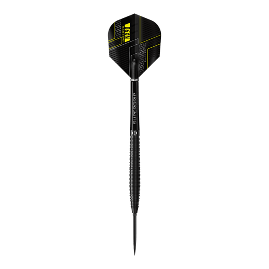 Das Bild zeigt die Harrows NX90 Black Edition Tapered Quick Point Steeldarts. Abgebildet ist das Produkt aus nächster Nähe.