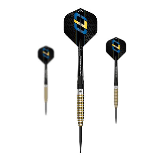Mission Oskar Lukasiak černé zlato PVD ocelové šipky - 22g Das Bild zeigt drei Steeldarts des Modells "Mission Oskar Lukasiak Black Gold PVD" mit einem Gewicht von 22g. Die Darts haben ein schwarz-goldenes Design und auffällige Flights mit blauen und goldenen Akzenten.